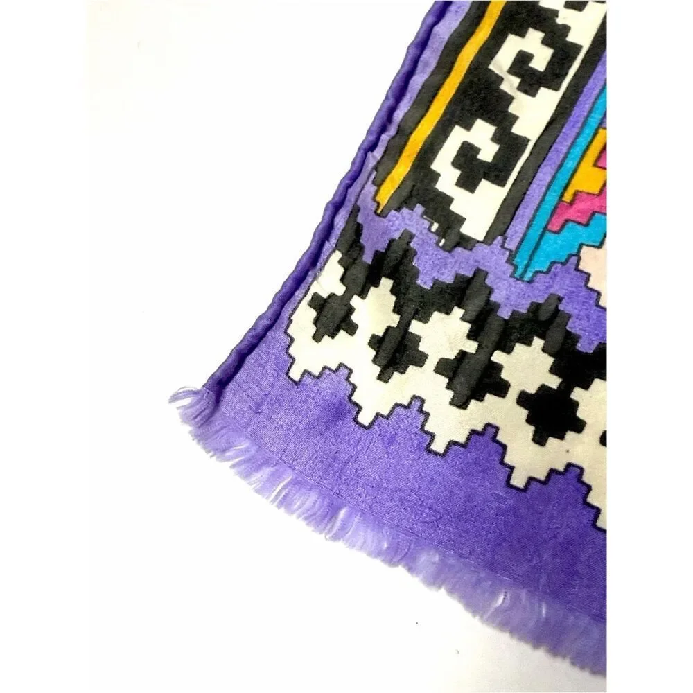 Oscar de la Renta Silk Scarf Geometric Tribal Southwestern Print Purple 11x50
